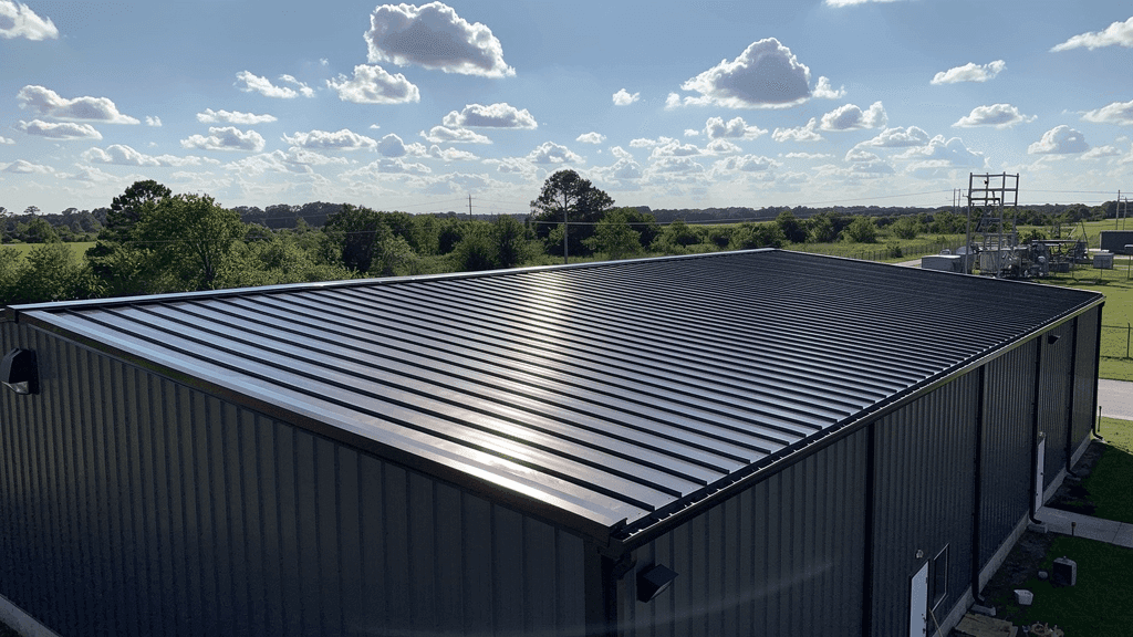 Dark standing seam metal warehouse roof