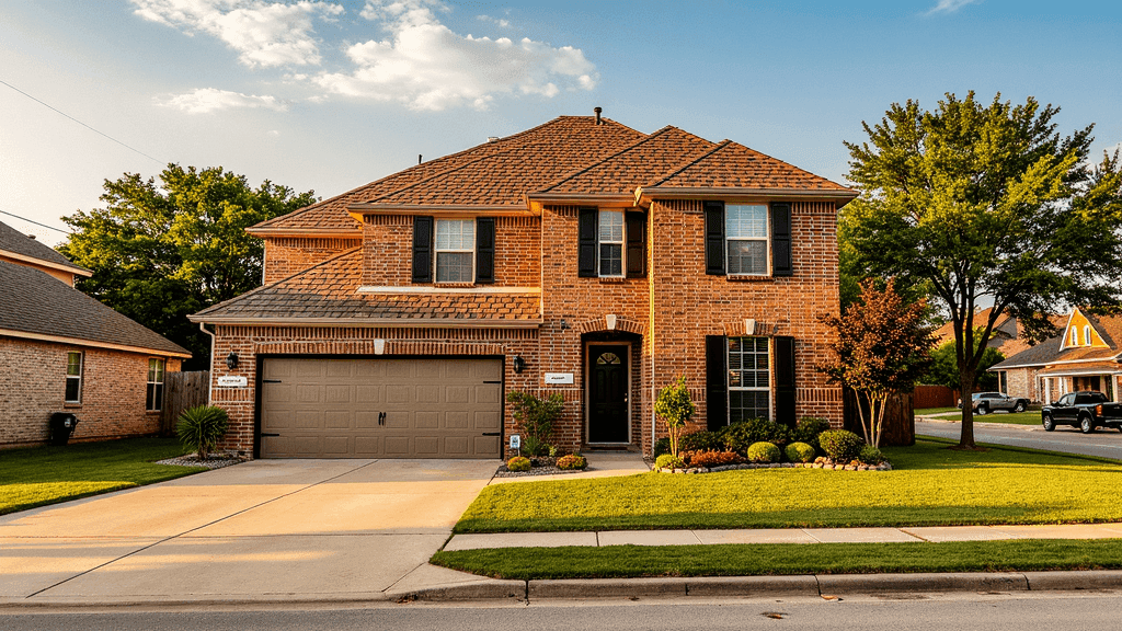 Two-story brick home after roof replacement